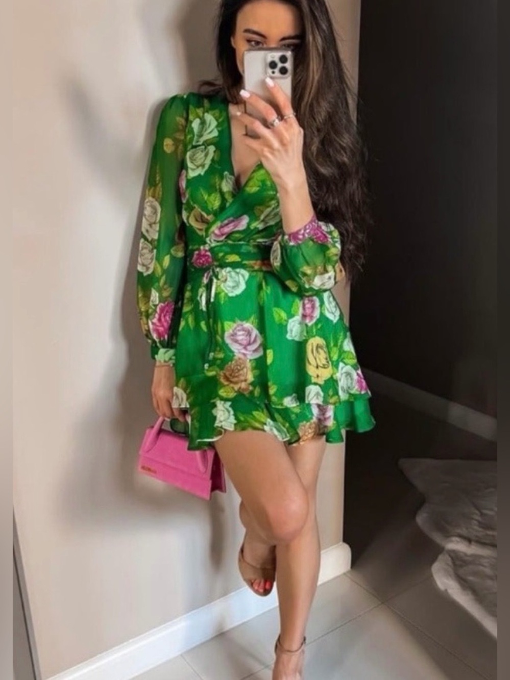 Zara Green Rose Print Mini Ruffled Chiffon Mini Coquette Girl Dress Size Small
